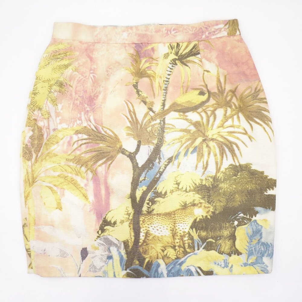 Gemma Kahng Print Slim Skirt Safari Tropical Animal Grosgrain Cotton Viscose 10